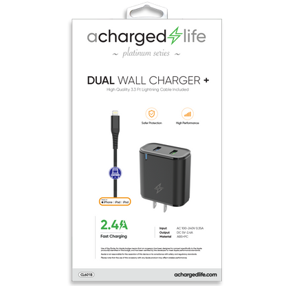 CL601B - Charging Cable Lightning 3.3Ft w/Wall Charger 2.4A (MFI) Black (PLATINUM SERIES)