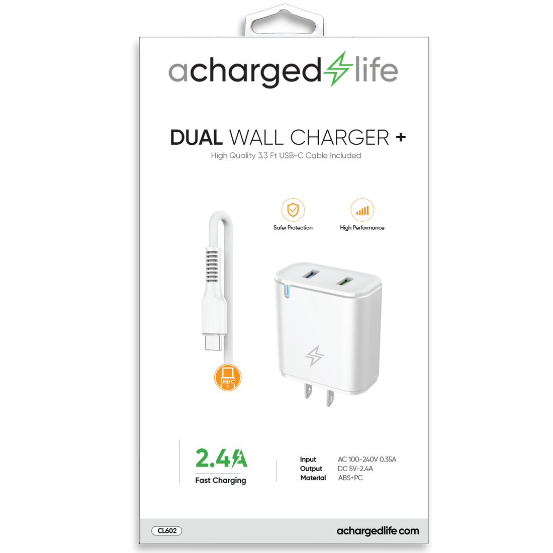 CL602 - Charging Cable USB-C 3.3Ft w/Wall Charger 2.4A White
