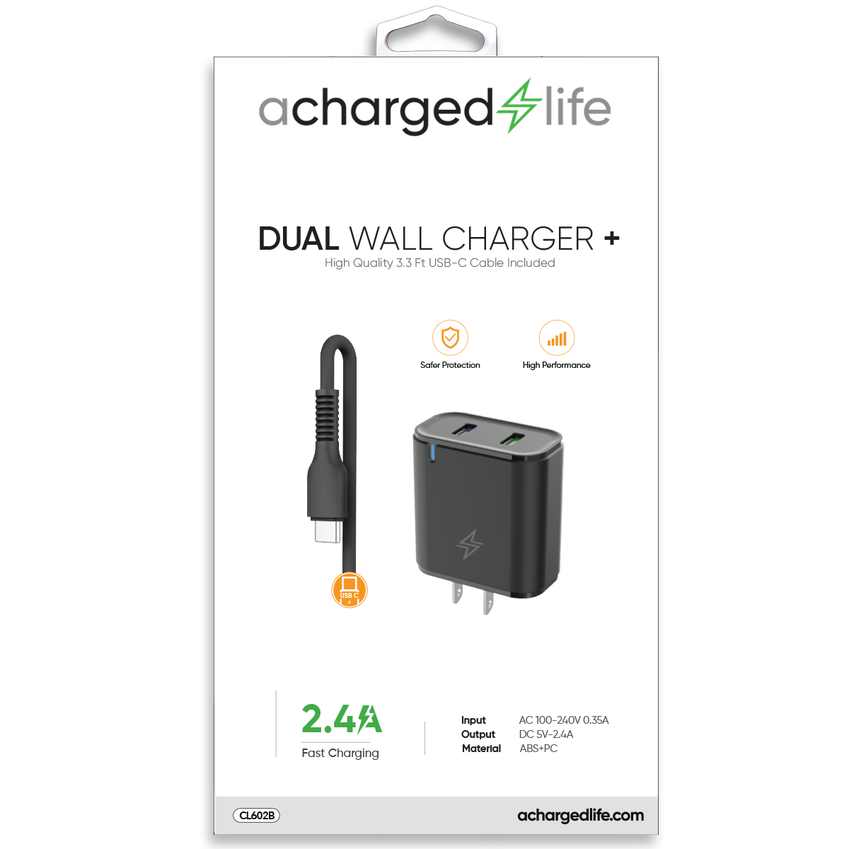 CL602B - Charging Cable USB-C 3.3Ft w/Wall Charger 2.4A Black