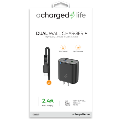 CL602B - Charging Cable USB-C 3.3Ft w/Wall Charger 2.4A Black