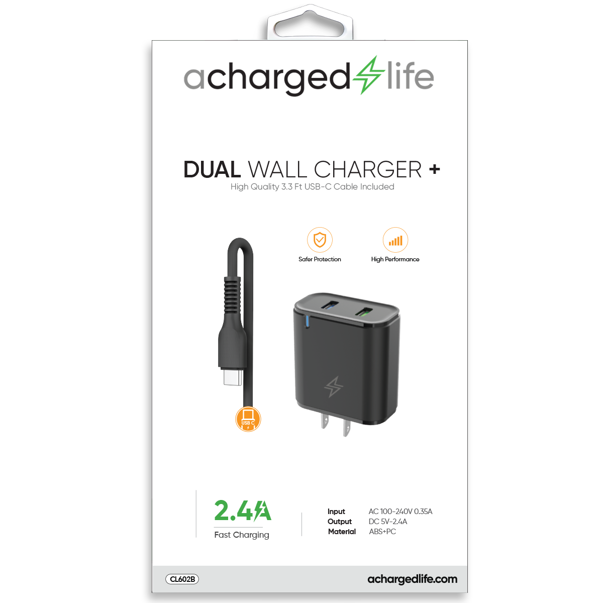 Cable USB-C 3.3Ft w/Wall Charger 2.4A Black