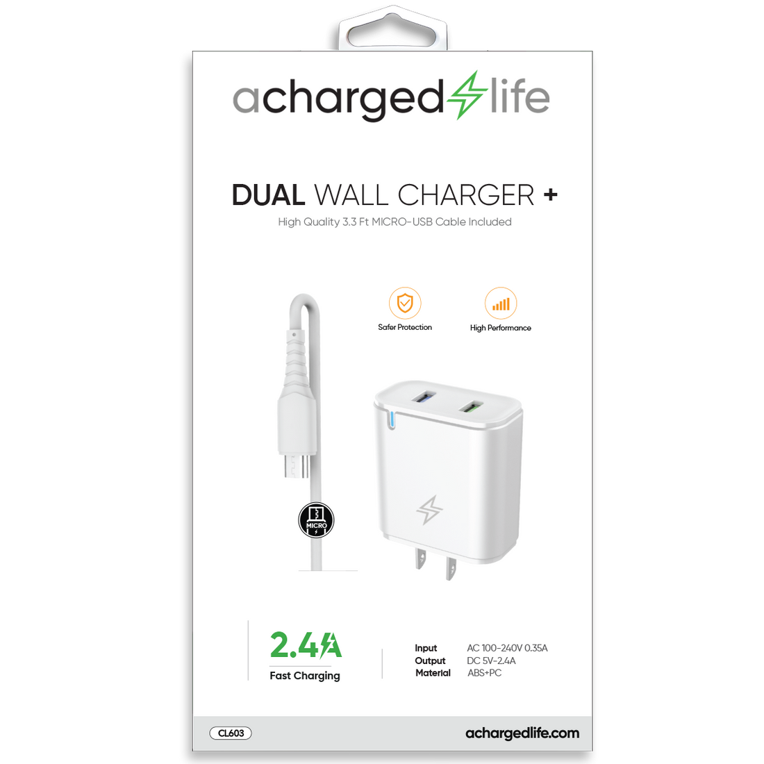 CL603 - Charging Cable Micro USB 3.3Ft w/Wall Charger 2.4A White