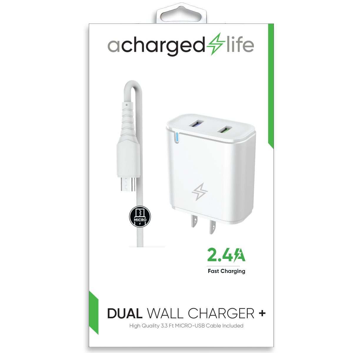 CL603 - Charging Cable Micro USB 3.3Ft w/Wall Charger 2.4A White