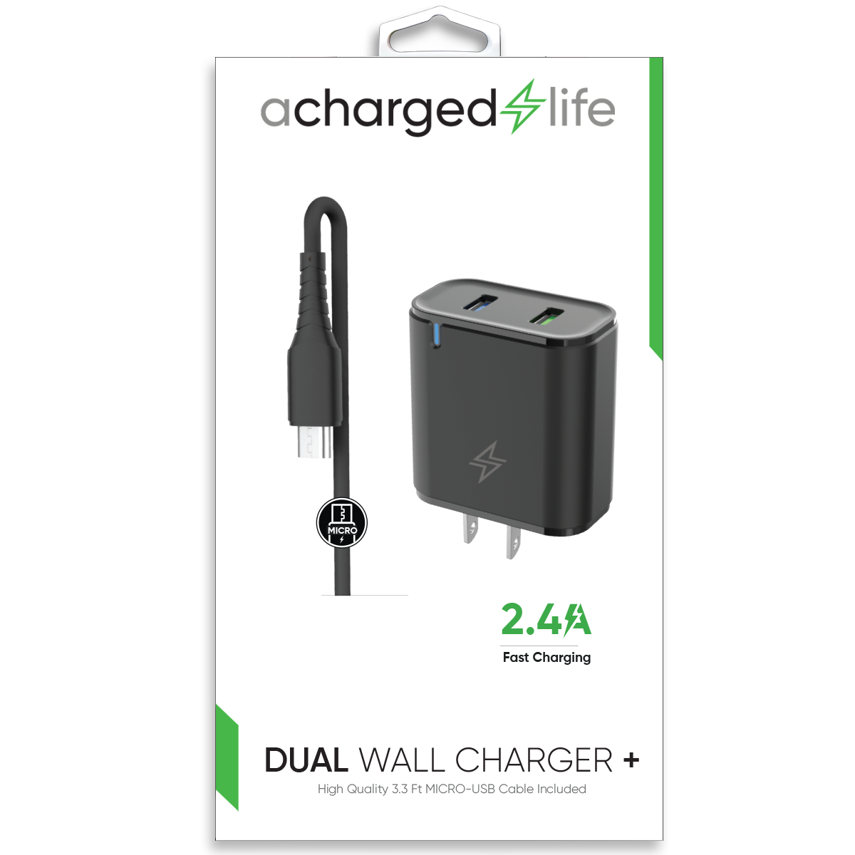CL603B - Charging Cable Micro USB 3.3Ft w/Wall Charger 2.4A Black